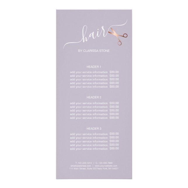 Elegant modern rose gold scissors hairstylist rack card (Front)