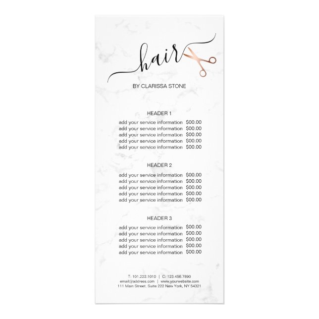Elegant modern rose gold scissors hairstylist rack card (Front)