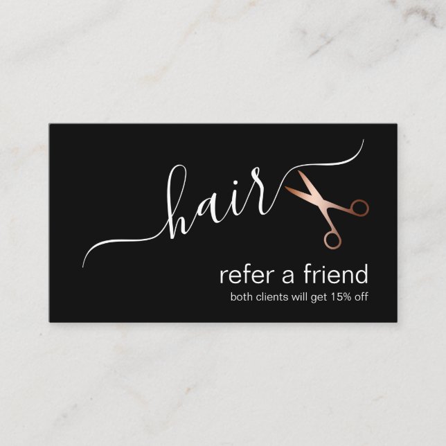 Elegant modern rose gold scissors hairstylist referral card (Front)