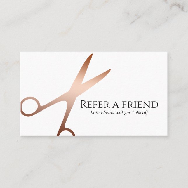 Elegant modern rose gold scissors hairstylist referral card (Front)