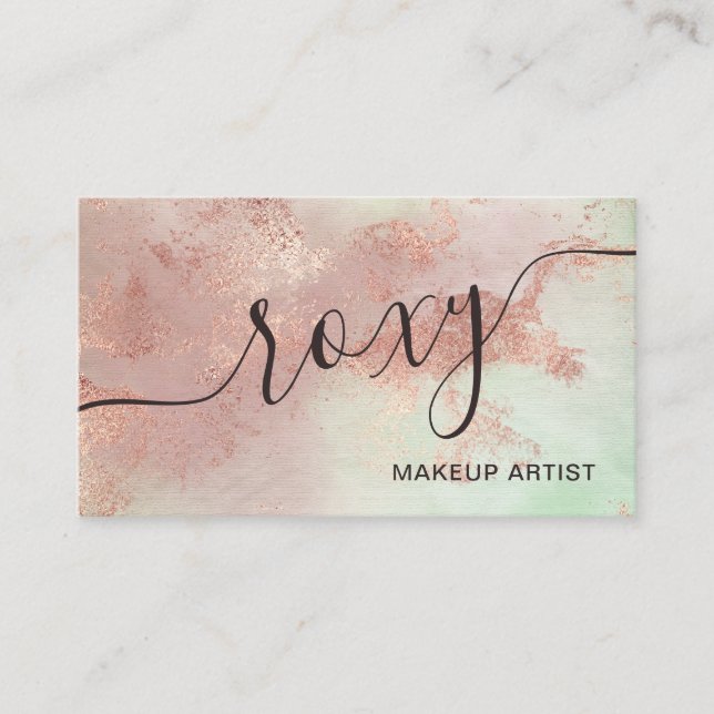 Elegant modern rose gold watercolor makeup artist business card (Front)