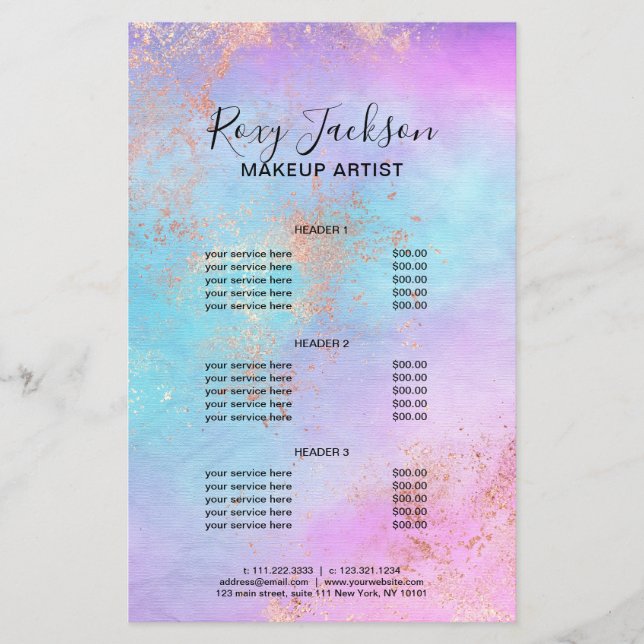 Elegant modern rose gold watercolor makeup artist flyer (Front)