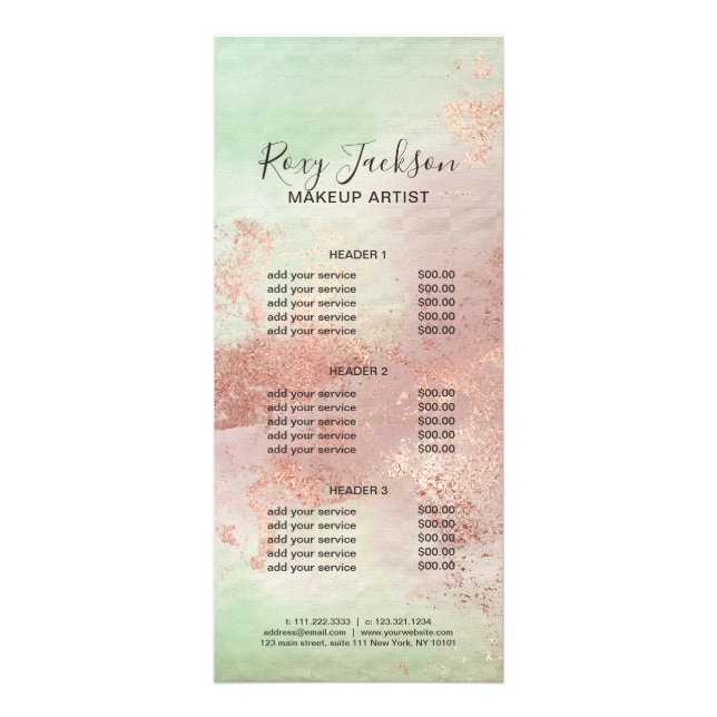 Elegant modern rose gold watercolor makeup artist rack card (Front)