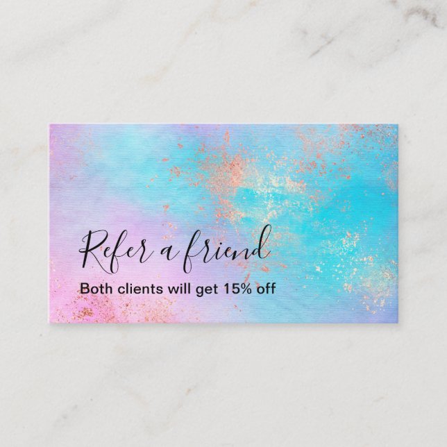 Elegant modern rose gold watercolor makeup artist referral card (Front)