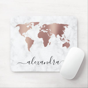Elegant modern rose gold white marble world map mouse mat