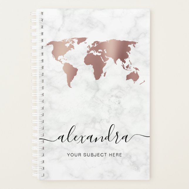 Elegant modern rose gold white marble world map planner (Front)