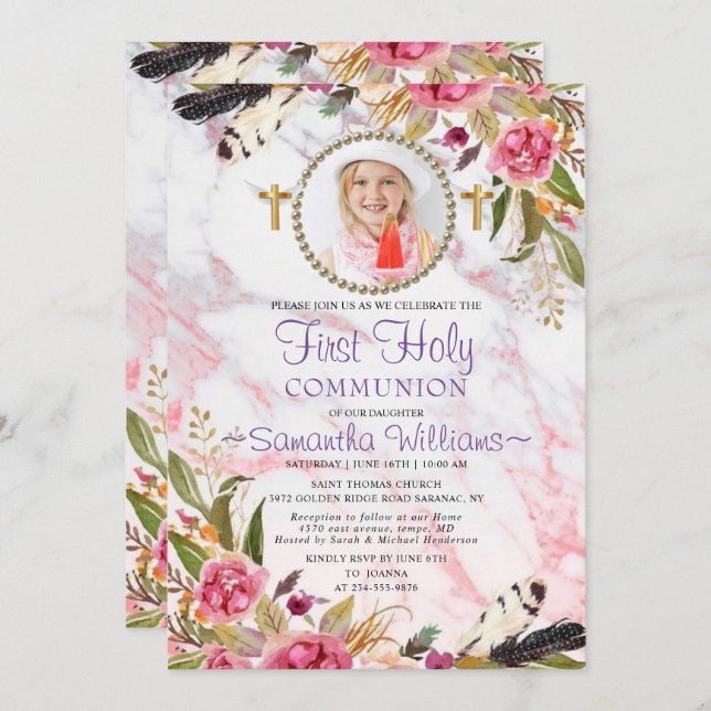 Elegant Modern Roses Blush Photo First Communion Invitation (Front/Back)
