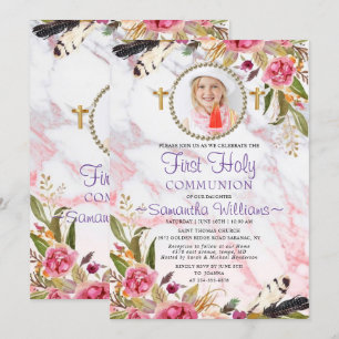 Elegant Modern Roses Blush Photo First Communion Invitation