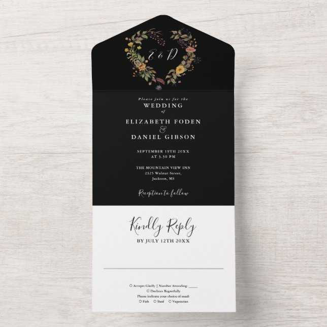 Elegant Modern Rustic Floral Heart Wedding All In One Invitation (Inside)