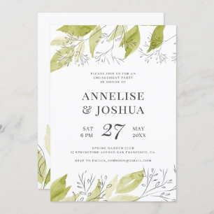 Elegant modern rustic green and white engagement invitation