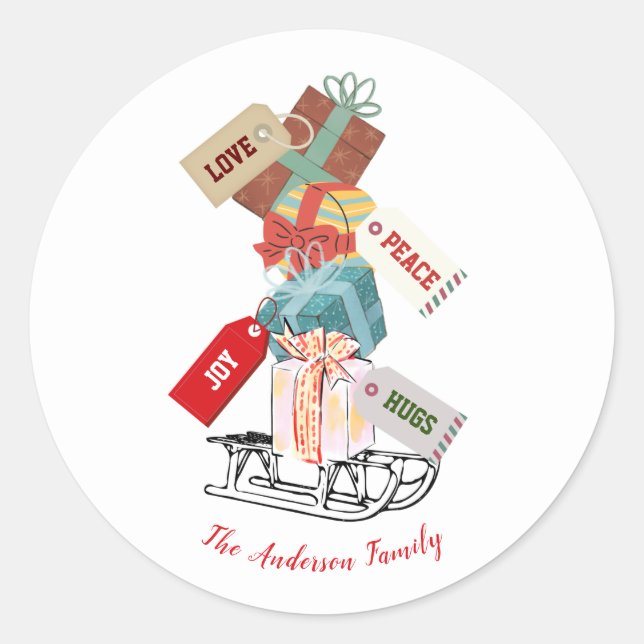 Elegant Modern Rustic Red White Green Christmas Classic Round Sticker (Front)