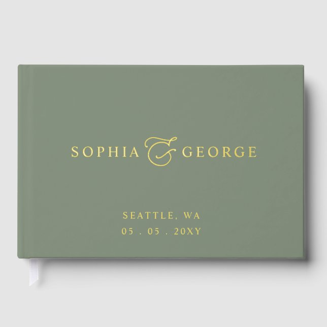Elegant Modern Sage and Gold Wedding Guest Book (Front)