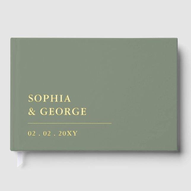 Elegant Modern Sage  and Gold Wedding Guest Book (Front)