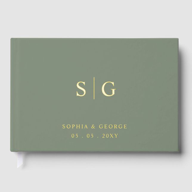 Elegant Modern Sage and Gold Wedding Guest Book (Front)