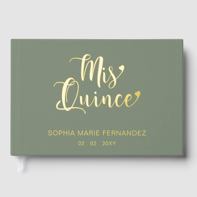 Elegant Modern Sage Gold Quinceañera Guest Book (Front)