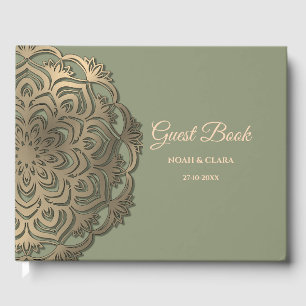 Elegant Modern Sage green & gold classic mandala G Guest Book