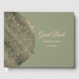 Elegant Modern Sage green & gold classic mandala G Guest Book