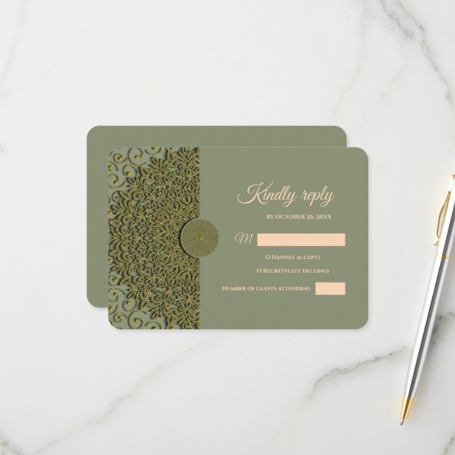 Elegant Modern Sage green & gold classic mandala RSVP Card (Front/Back In Situ)