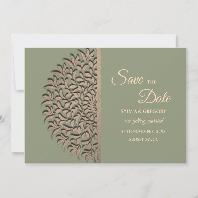 Elegant Modern Sage green & gold classic mandala Save The Date (Front)
