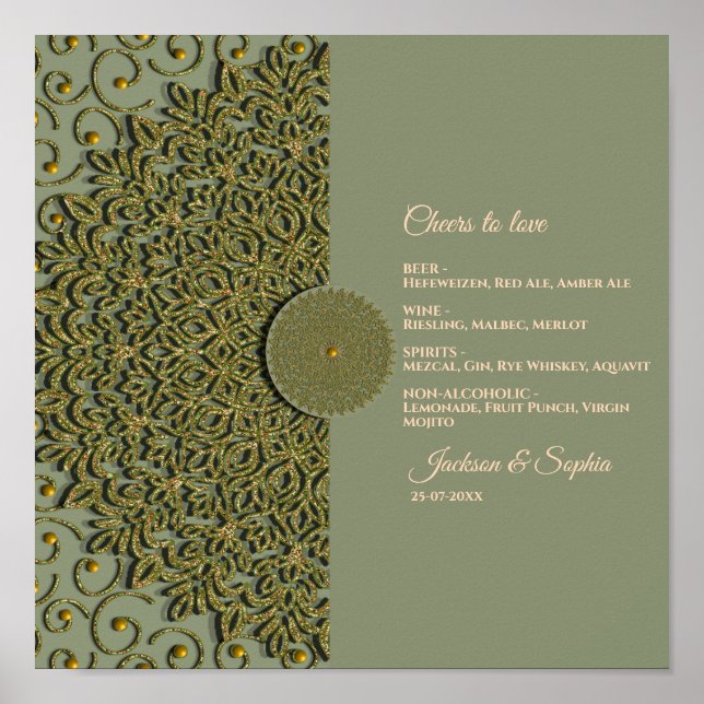 Elegant Modern Sage green & gold classic menu sign (Front)