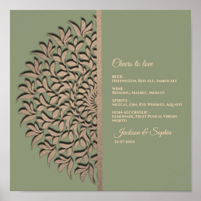 Elegant Modern Sage green & gold classic menu sign (Front)