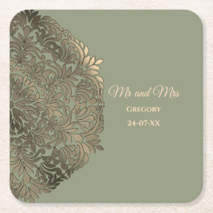 Elegant Modern Sage green & gold classic Square Pa Paper Coaster