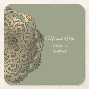 Elegant Modern Sage green & gold classic Square Pa Paper Coaster