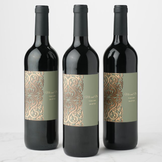 Elegant Modern Sage green & gold Faux Gold Luxury Wine Label (Bottles)