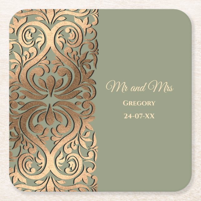 Elegant Modern Sage green gold wedding Luxury Gold Square Paper Coaster (Front)