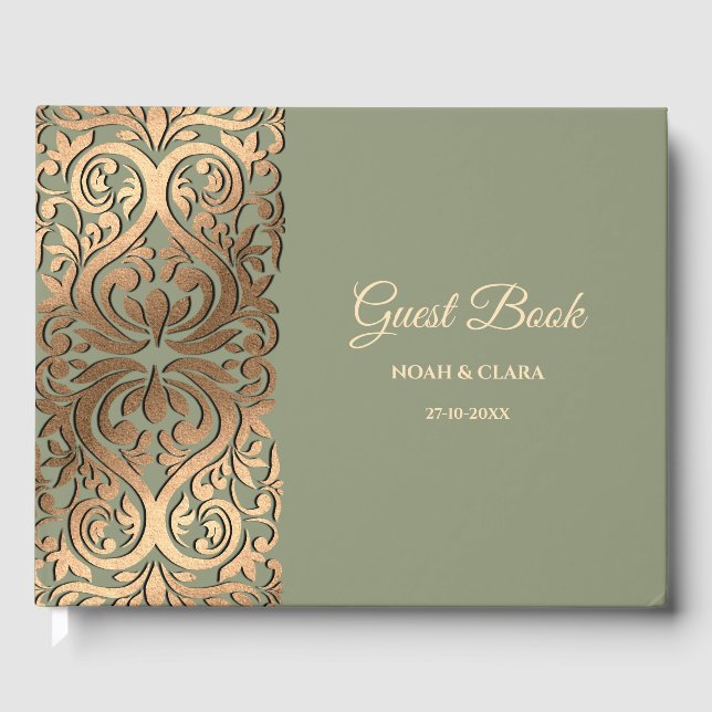 Elegant Modern Sage green & gold wedding Luxury Guest Book (Front)