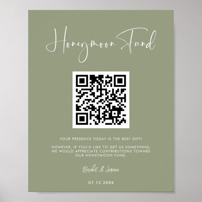 Elegant & modern sage green Honeymoon fund QR code Poster (Front)