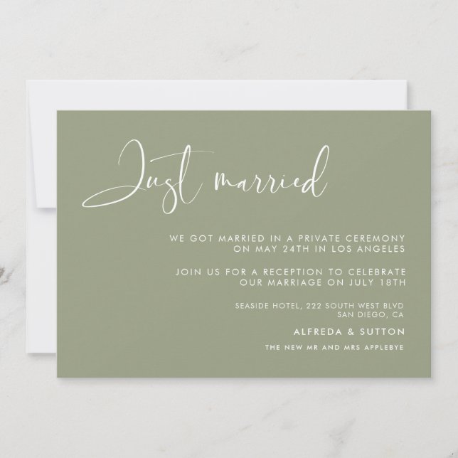 Elegant & modern sage green Just married card (Front)