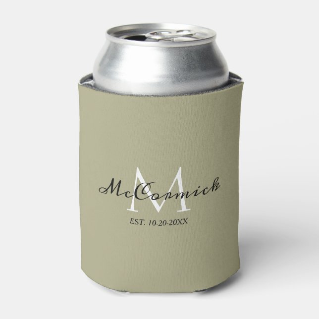 Elegant Modern Sage Green Monogram Wedding Favour Can Cooler (Can Front)