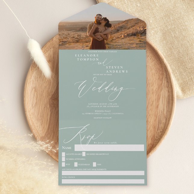 Elegant modern sage green photo wedding all in one invitation (Creator Uploaded)