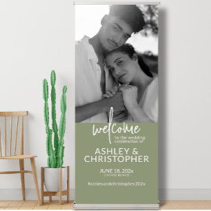 Elegant Modern Sage Green Photo Wedding Welcome Retractable Banner