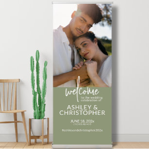 Elegant Modern Sage Green Photo Wedding Welcome Retractable Banner