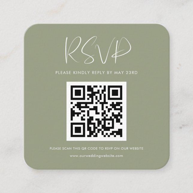 Elegant & modern sage green QR code RSVP response Enclosure Card (Front)