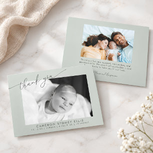 Elegant Modern Sage Green Script Baby Photo Birth Thank You Card