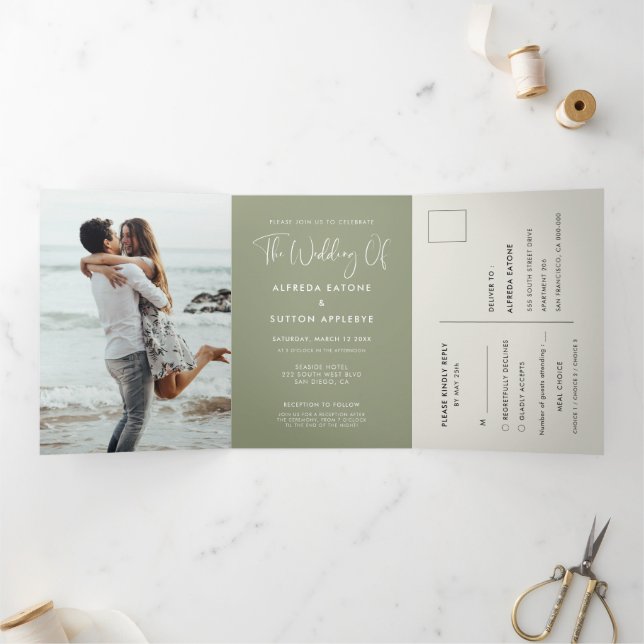 Elegant & modern sage green wedding photo Tri-Fold invitation (Inside)