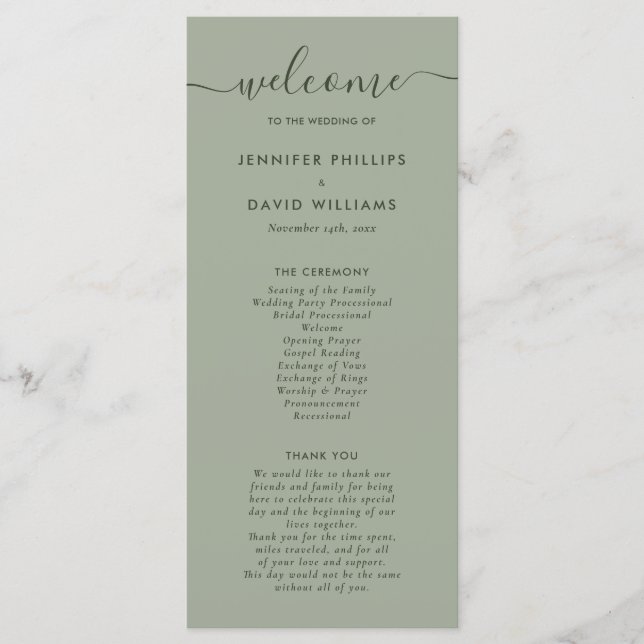 Elegant Modern Sage Green Wedding Programme (Front)