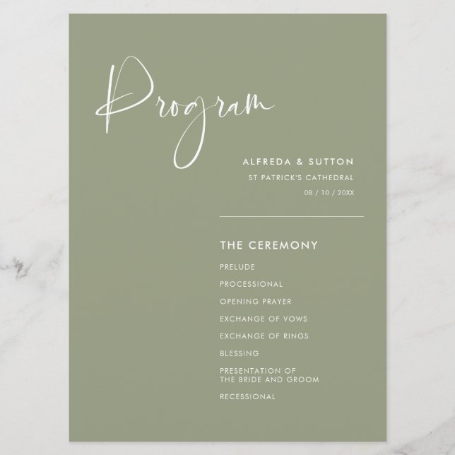 Elegant & modern Sage green wedding Programme (Front)