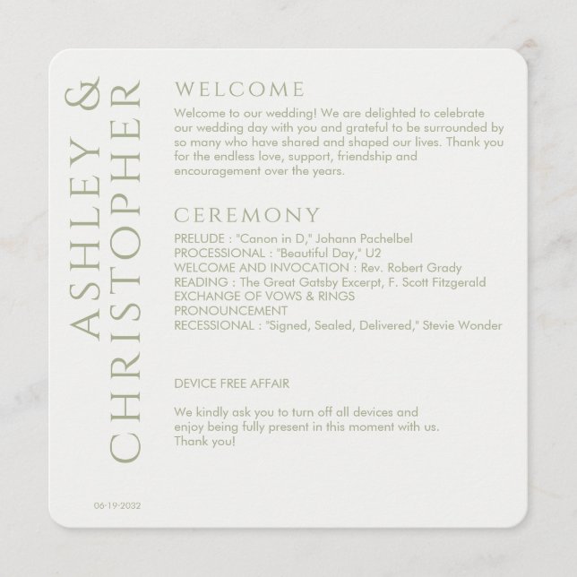 Elegant Modern Sage Green Wedding Programme (Front)