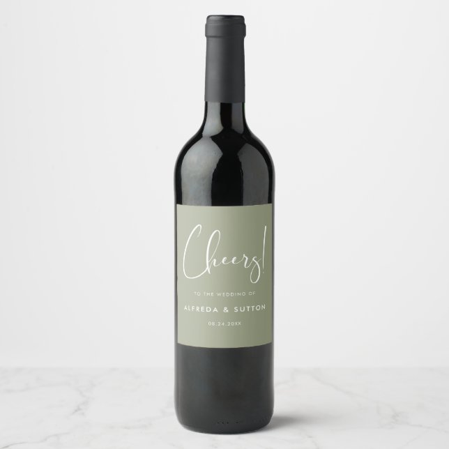 Elegant & modern sage green wedding wine label (Front)