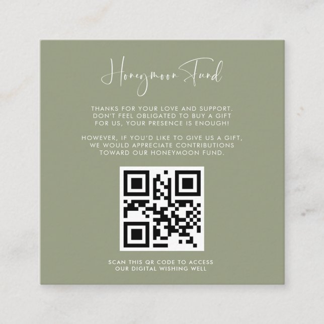 Elegant & modern Sage Honeymoon fund QR code Enclosure Card (Front)