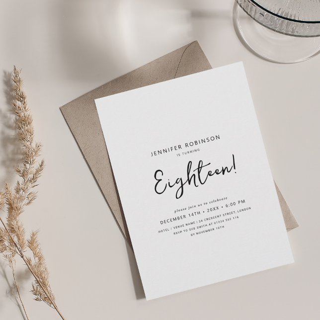 Elegant Modern Script 18th Birthday Black & White Invitation (Elegant Modern Script 18th Birthday Black & White Invitation)