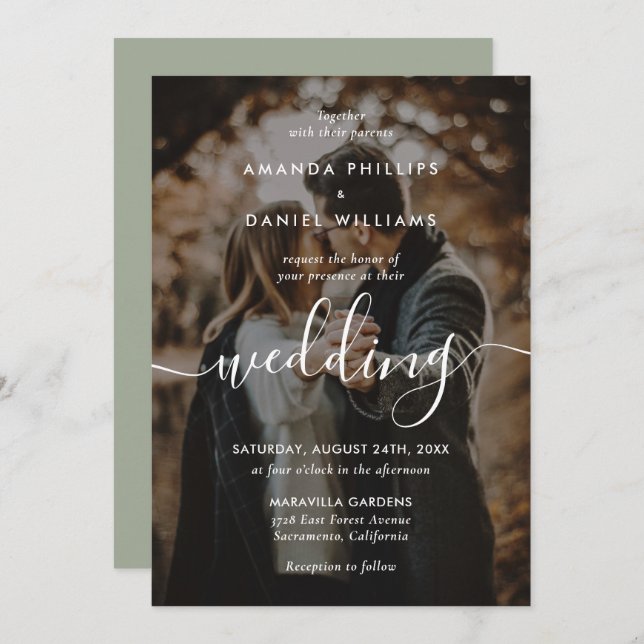 Elegant Modern Script 2 Photo Sage Green Wedding Invitation (Front/Back)