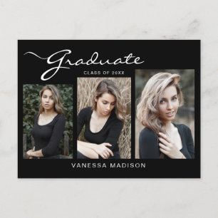 Elegant Modern Script 3 Photo Grad Announcement Postcard