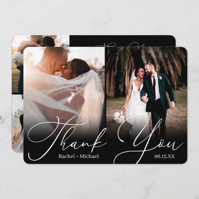 Elegant Modern Script 4 Photo Wedding Guest Thank You Card (Front/Back)