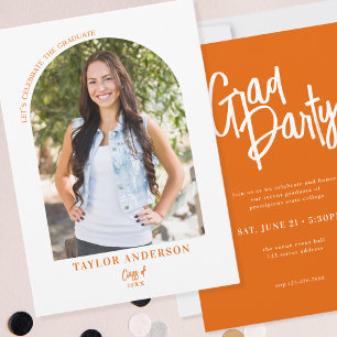 Elegant Modern Script Arch Photo Orange Grad Party Invitation