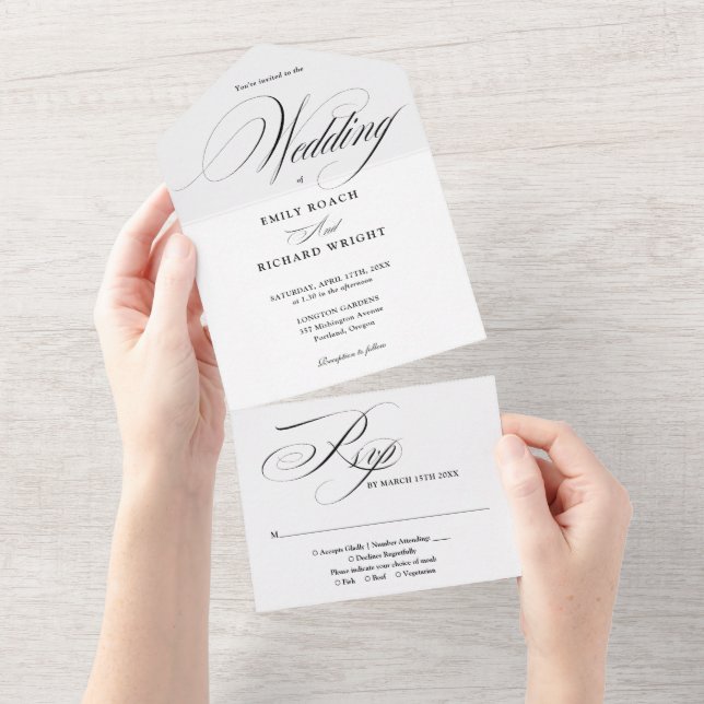Elegant Modern Script Black And White Wedding All In One Invitation (Tearaway)